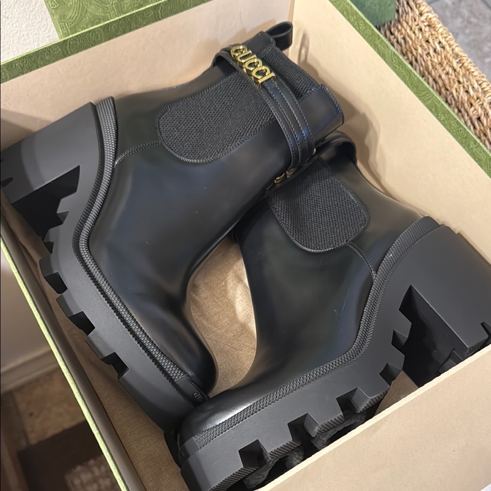 Gucci Black Ankle Boots with Gold Accent